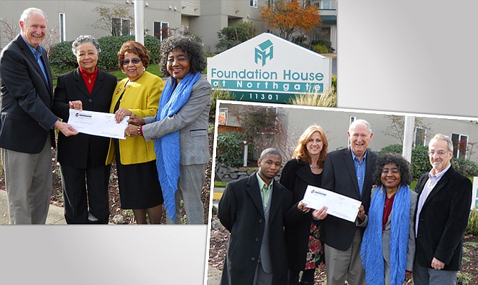 (Pictured left, l-r) Mr. John Moffitt, President, Foundation House at Northgate Advisory Board; Mrs. Frances Stephens, Washington; Rhinestone Club Board Member; Mrs. Delores Booker, President, Washington Rhinestone Club; Dr. Nancy Scranton, Chairperson Education Committee
(Pictured right, l-r) Duron Jones, Student Engagement Coordinator for the Alliance for Education; Karen Tollenaar Demorest, Vice President ~ Alliance for Education; John Moffitt, Foundation House at Northgate Board President; Dr. Nancy Scranton, Foundation House at Northgate Chair of the Education Committee; Jay Iman, Foundation House at Northgate Board Member