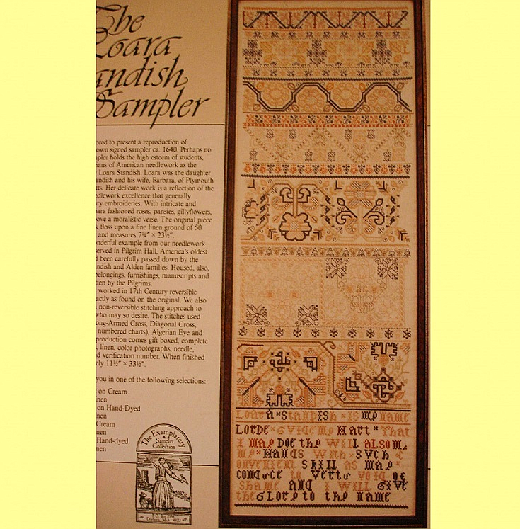 The author first became interested in handwork when she learned that Loara Standish made the first American-made sampler. The Standish family eventually donated it to Pilgrim Hall Museum in Plymouth, MA.
