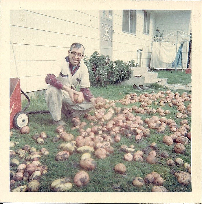 Marilyn's father with the potato crop from his prolific garden. As he grew older, he enjoyed staying active at the local senior center. Photo courtesy Marilyn Michael