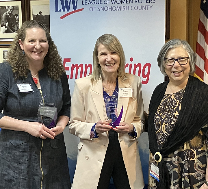 Snohomish County League of Women Voters recently honored Democracy in Action winners Megan Dunn and Teresa Wippel. (Left to right): Megan Dunn, Teresa Wippel and Cathy Liu Scott, President LWV of Snohomish County.