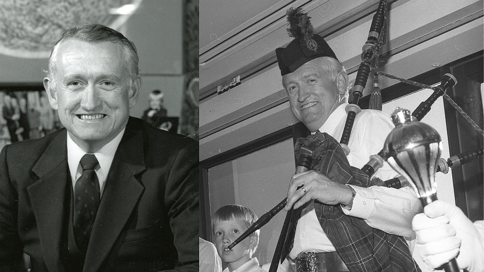 Ralph Munro was first elected as Washington’s secretary of state in 1980 and would go on to serve five terms in the job. He’s seen here, right, with bagpipes at a National Association of Secretaries of State Conference in 1986 and, left, in an official portrait from 1985. (Photos courtesy of Washington State Archives)